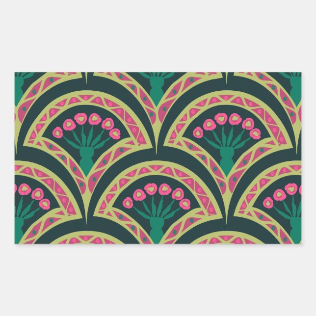 Pink and Green Floral Fan Pattern Rectangular Sticker (Front)