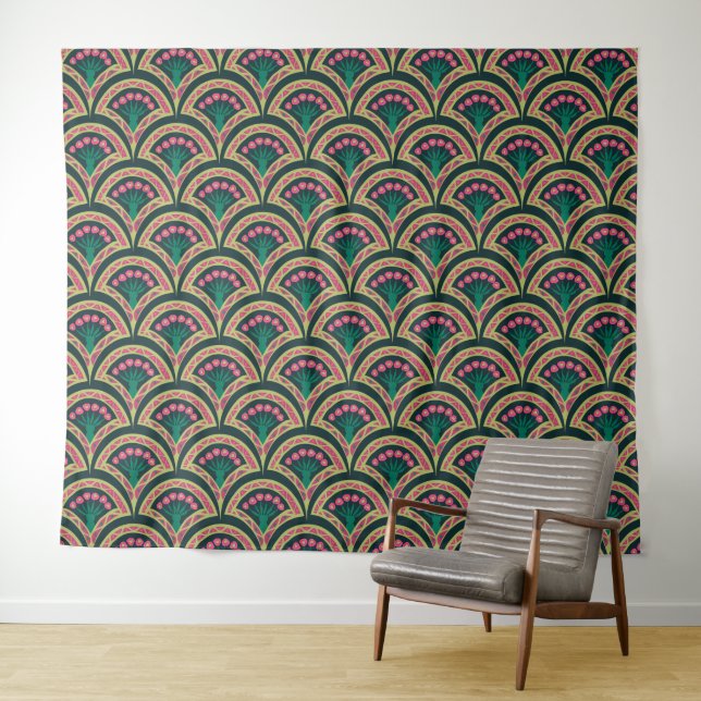 Pink and Green Floral Fan Pattern Tapestry (In Situ (Horizontal))