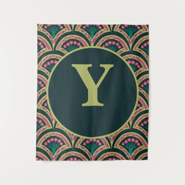 Pink and Green Floral Fan Pattern Tapestry (Front)