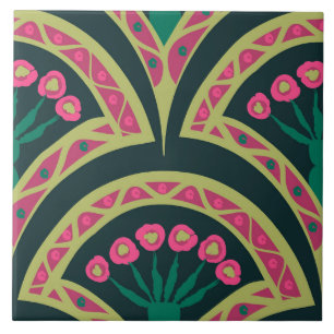 Pink and Green Floral Fan Pattern Tile