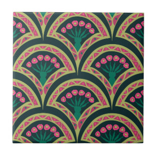 Pink and Green Floral Fan Pattern Tile