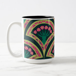 Pink and Green Floral Fan Pattern Two-Tone Coffee Mug