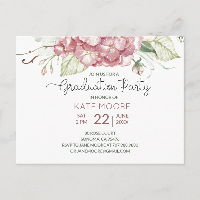 Pink And Green Floral Graduation Party Announcement Postcard (Front)