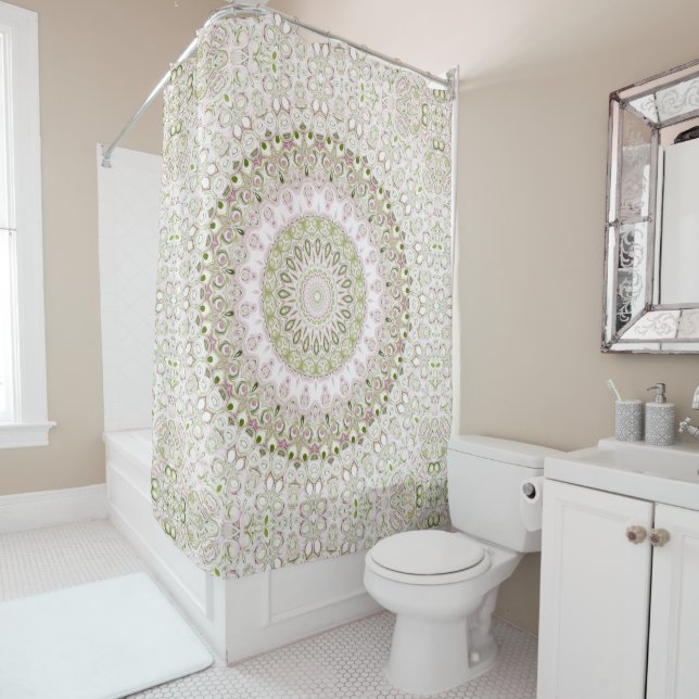 Pink and Green Floral Mandala Pattern Design Shower Curtain (In Situ)