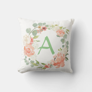 Pink and Green Floral Monogram Cushion