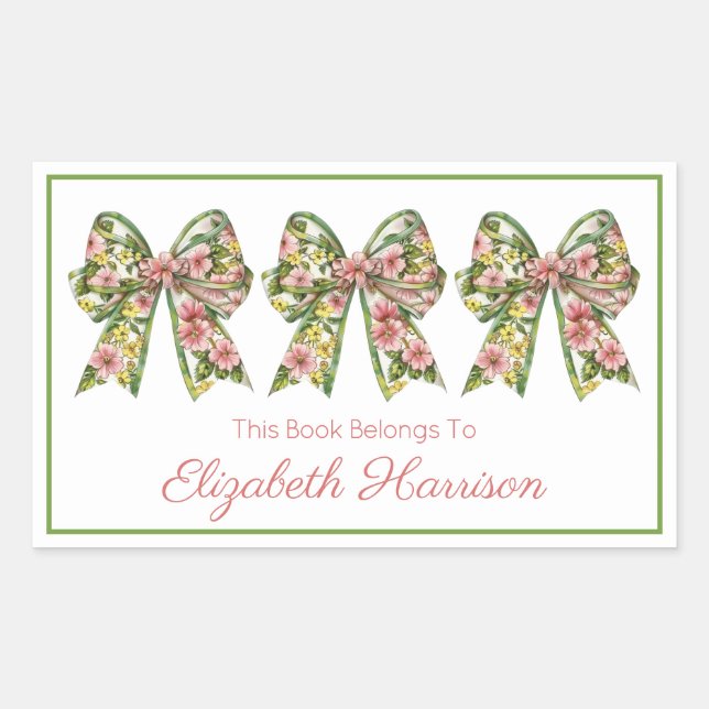 Pink and Green Floral Personalised Bookplate Rectangular Sticker (Front)