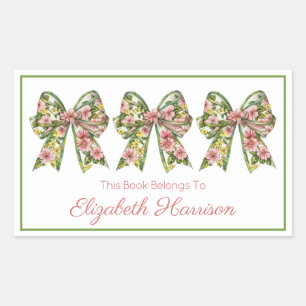 Pink and Green Floral Personalized Bookplate Rectangular Sticker