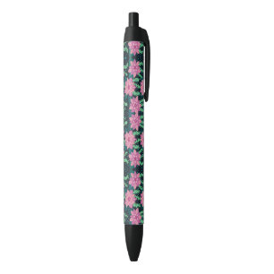 Pink and Green Floral Print on Black Ink Pen