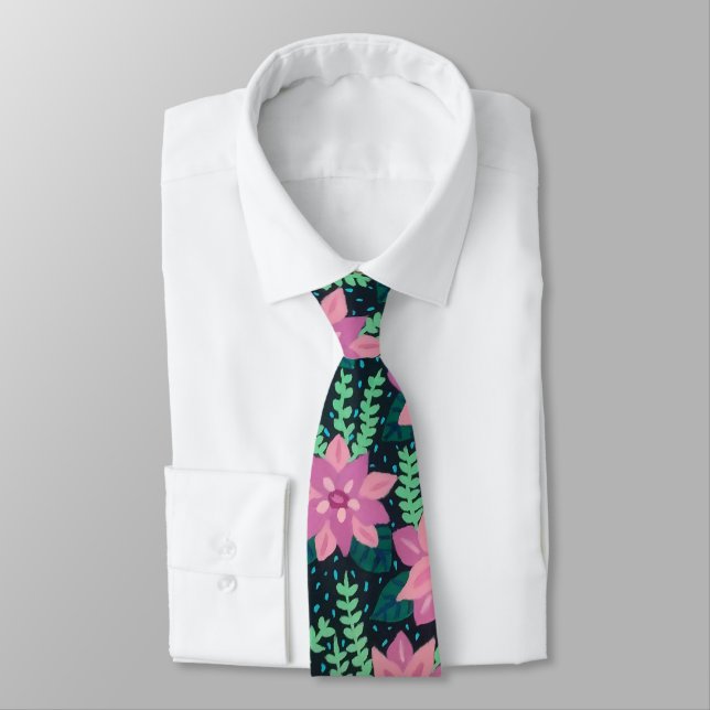 Pink and Green Floral Print on Black Tie (Tied)