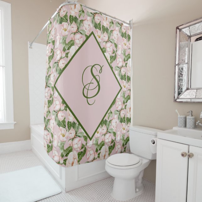 PINK AND GREEN FLORAL SHOWER CURTAIN (In Situ)