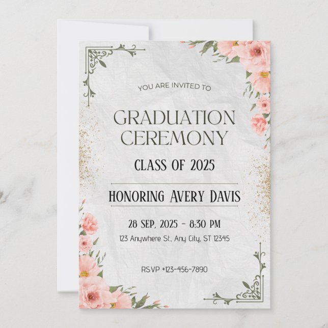 Pink and Green Floral Watercolor Graduation  Invitation (Front)