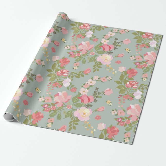 Pink and Green Floral wrapping paper (Unrolled)