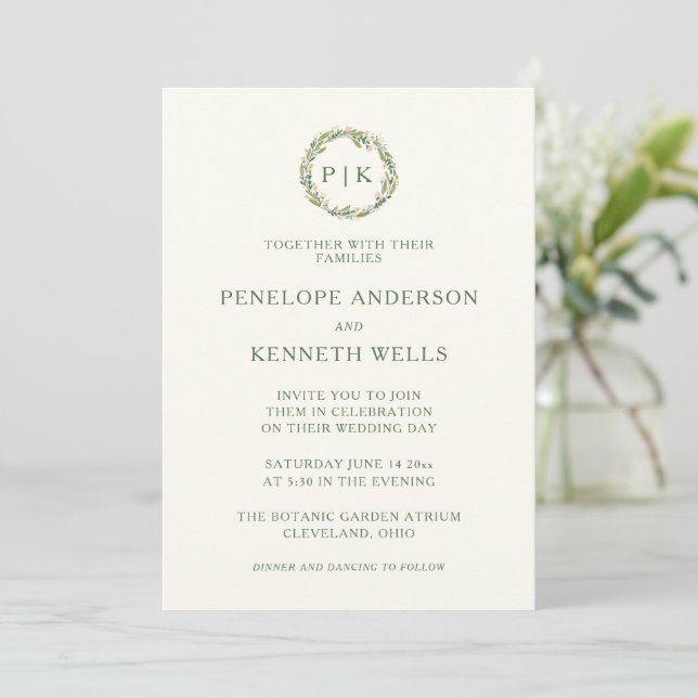 Pink and Green Floral Wreath Monogrammed Wedding Invitation (Standing Front)