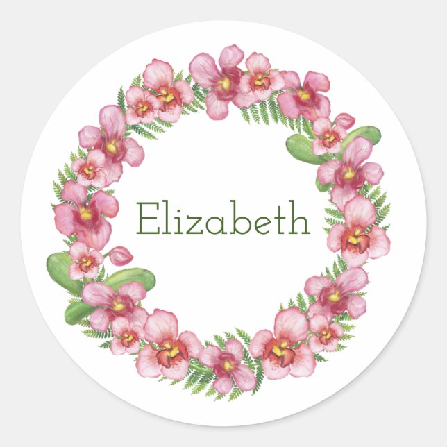 Pink and Green Floral Wreath Personalised Classic  Classic Round Sticker (Front)