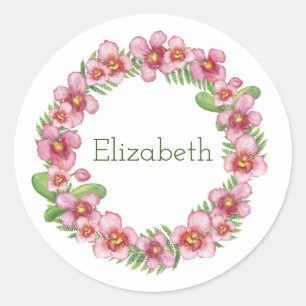 Pink and Green Floral Wreath Personalised Classic  Round Sticker