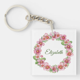 Pink and Green Floral Wreath Personalised Key Ring