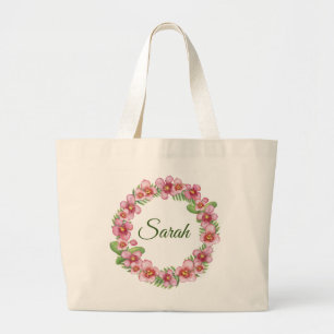 Pink and Green Floral Wreath personalised Large Tote Bag