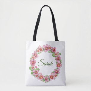 Pink and Green Floral Wreath personalised Tote Bag