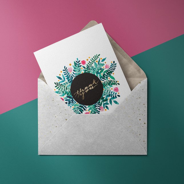 Pink and green florals and foliage  thank you card (Creator Uploaded)