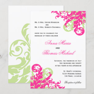 Pink and Green Flourish Wedding Invitation