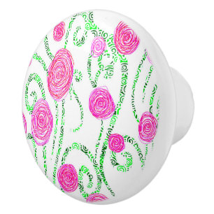 Pink and Green Flower Vines Ceramic Knob