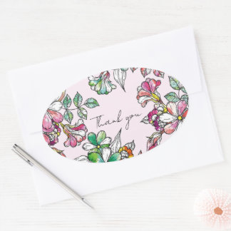Pink and green flowers oval sticker