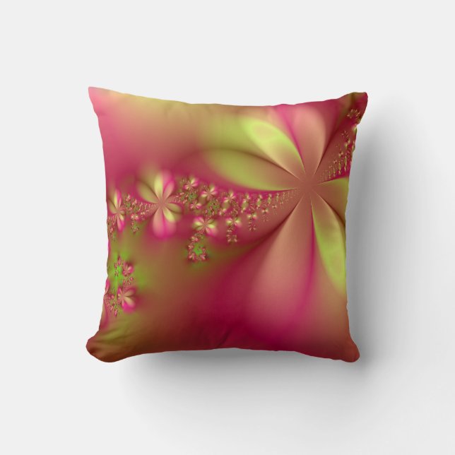 Pink and Green Fractal Floral Throw Pillow (Front)
