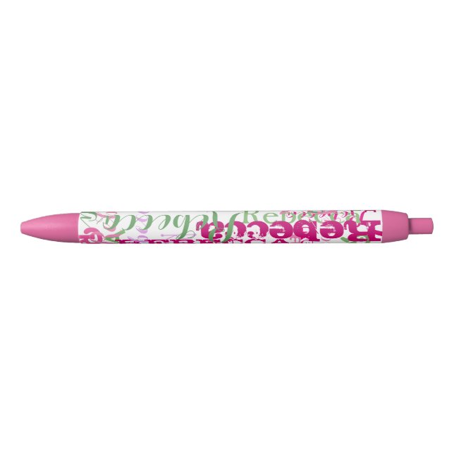 Pink and Green Fun Name Collage Allover Print Black Ink Pen (Front)