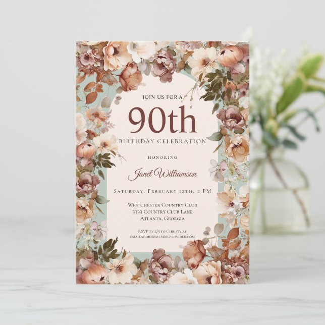 Pink and Green Garden Floral Arch 90th Birthday Invitation (Standing Front)