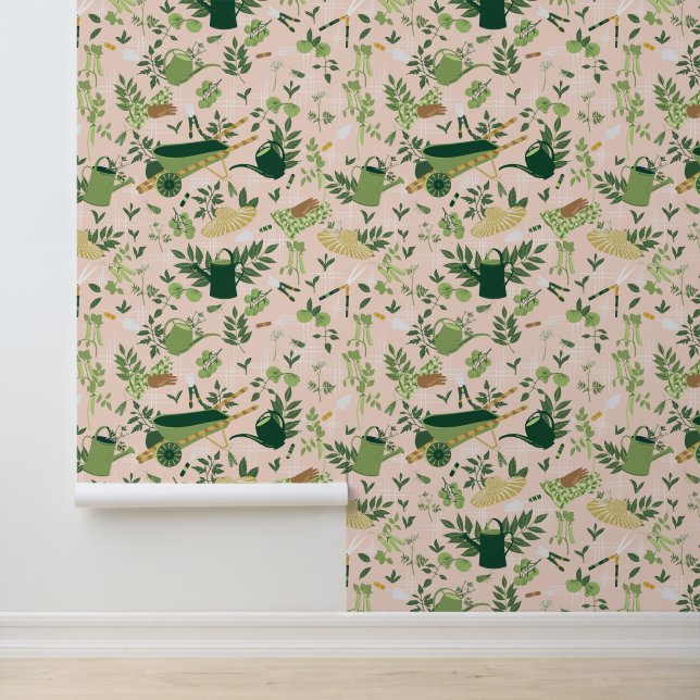 Pink and Green Garden Pattern Wallpaper (Application)