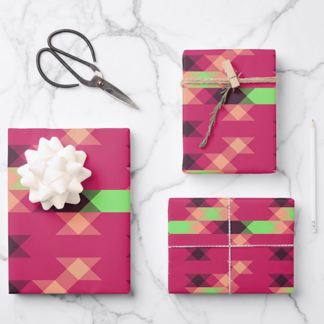 pink and green geometric wrapping paper sheet (Front)