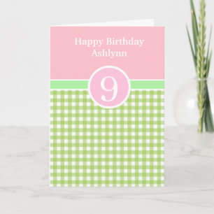 Pink and Green Gingham 9th Birthday Card