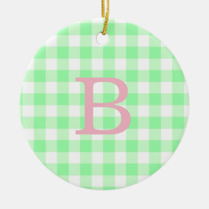Pink and Green Gingham Monogram Ceramic Tree Decoration