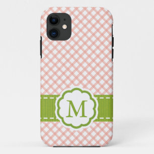 Pink and Green Gingham Monogrammed iPhone 11 Case