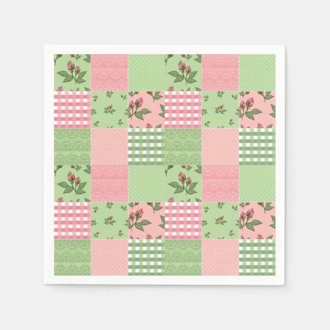 Pink and Green Gingham Patchwork Paper Napkins (Front)