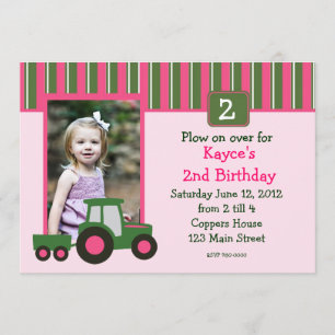 Pink and Green Girl Tractor Birthday Invite