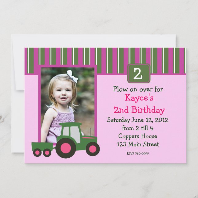 Pink and Green Girl Tractor Birthday Invite (Front)