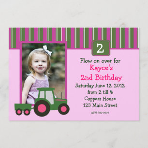 Pink and Green Girl Tractor Birthday Invite