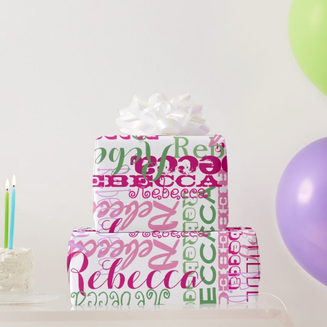 Pink and Green Girl's Name Collage Allover Print Wrapping Paper (Party Gifts)