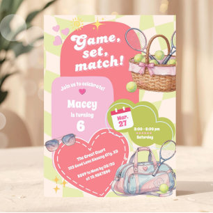 Pink and Green Girls Tennis Preppy Invitation