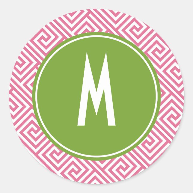 Pink and Green Greek Key Pattern Monogram Classic Round Sticker (Front)