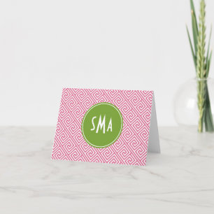 Pink and Green Greek Key Pattern Monogram Note Card