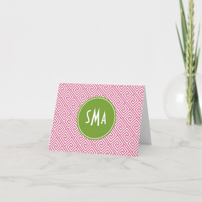 Pink and Green Greek Key Pattern Monogram Note Card (Front)
