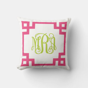 Pink and Green Greek Key Script Monogram Cushion
