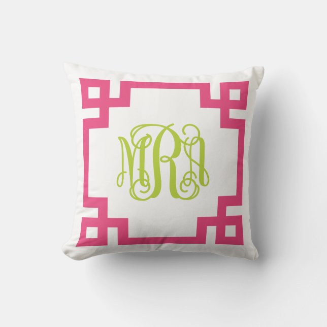 Pink and Green Greek Key Script Monogram Cushion (Front)