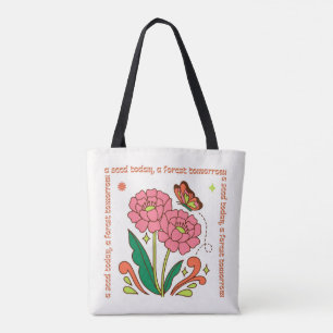 Pink and Green Groovy Floral Illustrative tote Bag