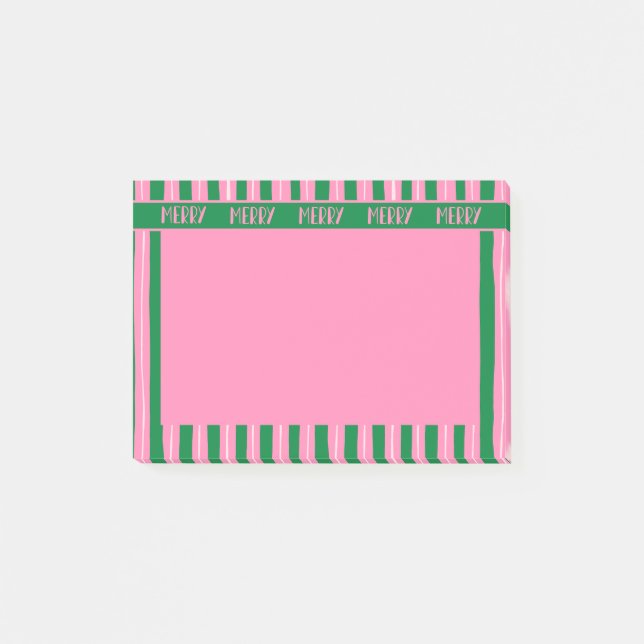 Pink and Green Hand Drawn Striped Merry Post-it Notes (Front)