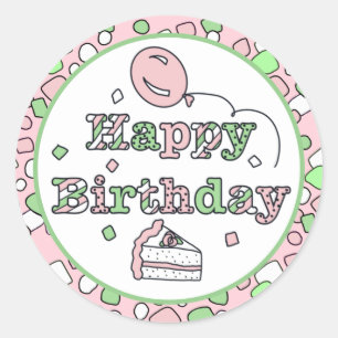Pink and Green Happy Birthday Classic Round Sticker