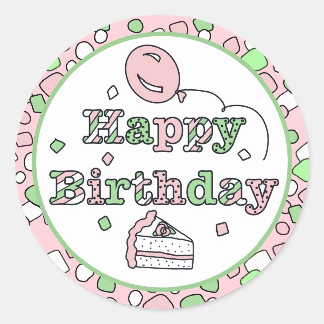 Pink and Green Happy Birthday Classic Round Sticker (Front)