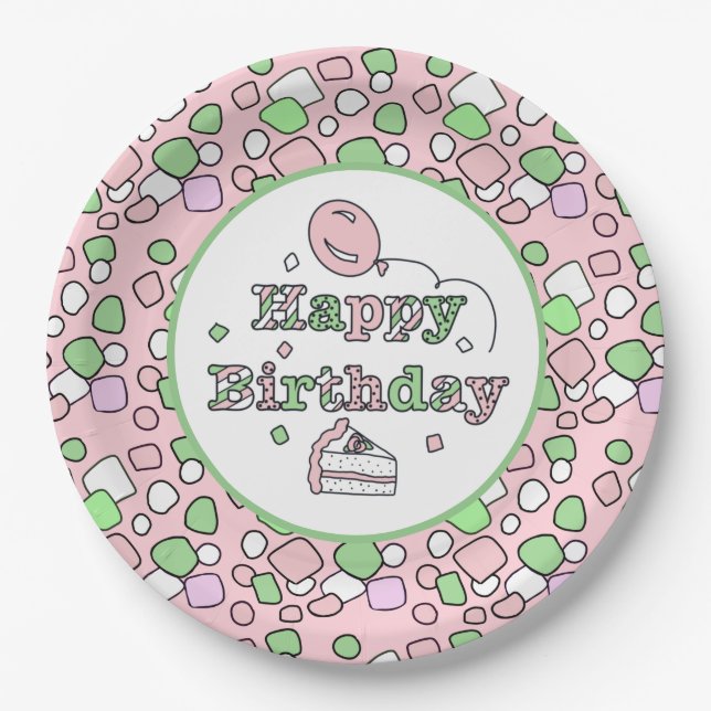 Pink and Green Happy Birthday Paper Plate (Front)